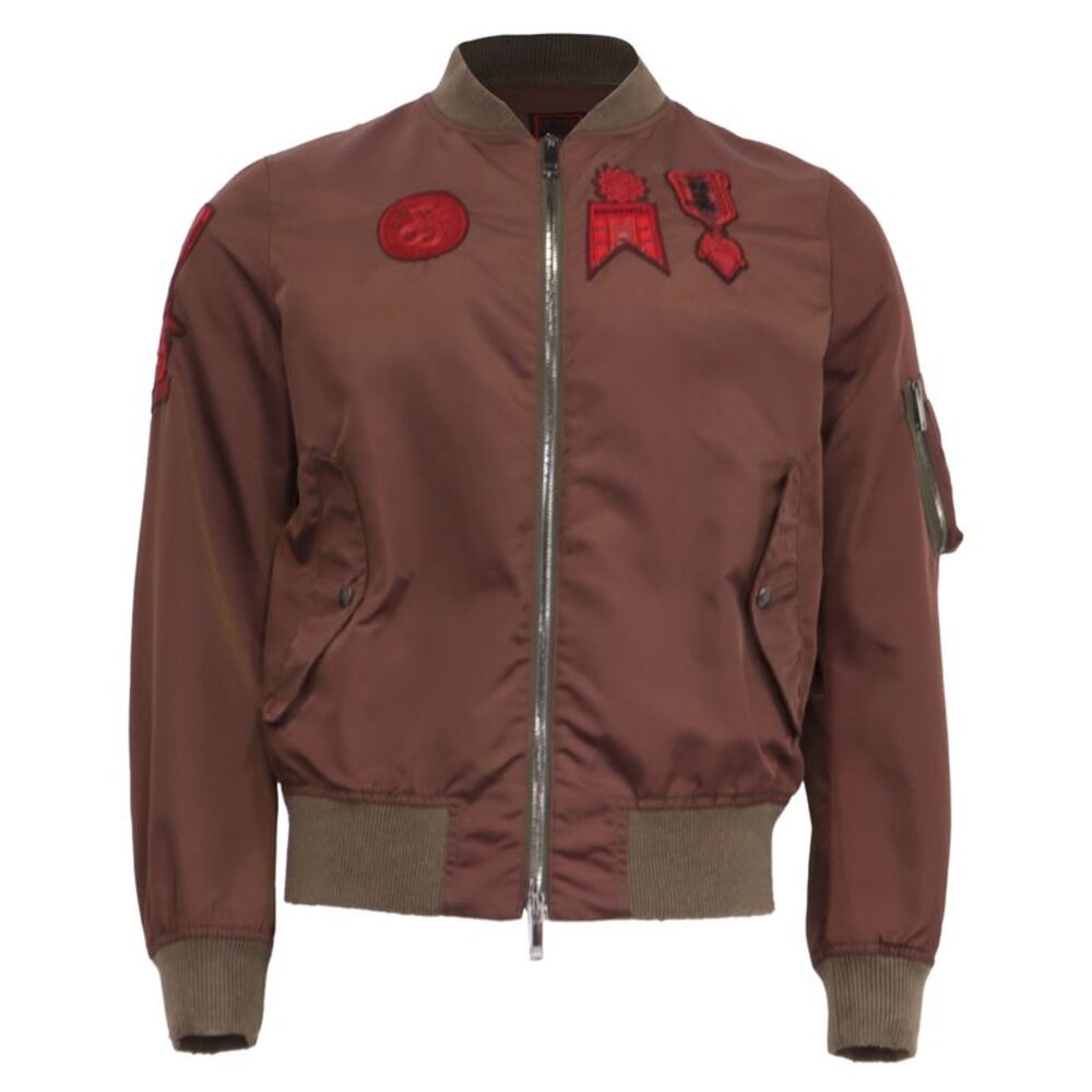 Valentino Zip-Up Patch-Accent Bomber Jacket in Brown Polyamide